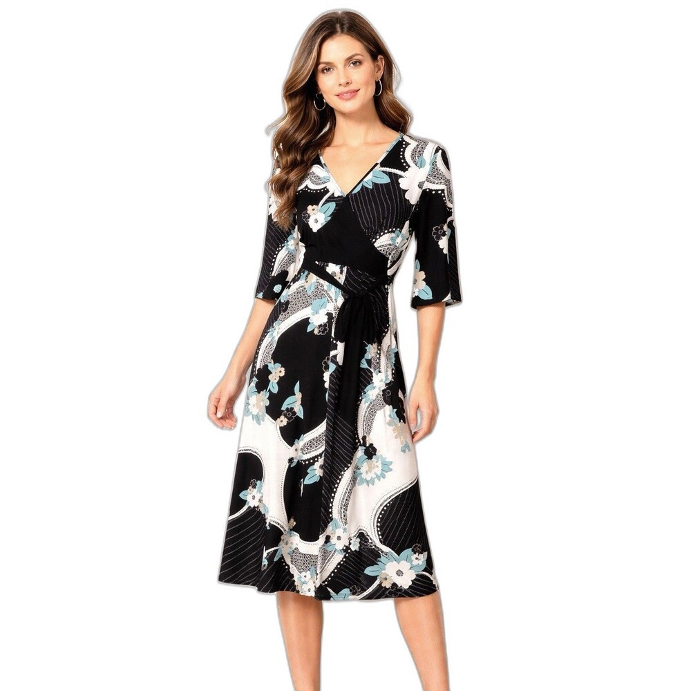 Style & Co Black Floral Faux Wrap Dress Tie Waist Stretch Size S